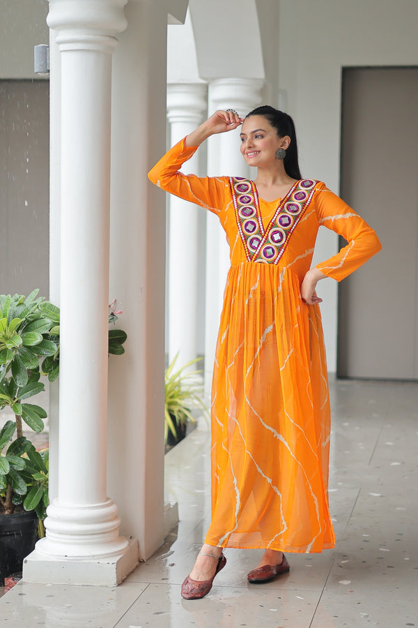 Prazu Fashion Yellow Georgette Leheriya Print Work With Kutchi Patchework Navaratri Gown