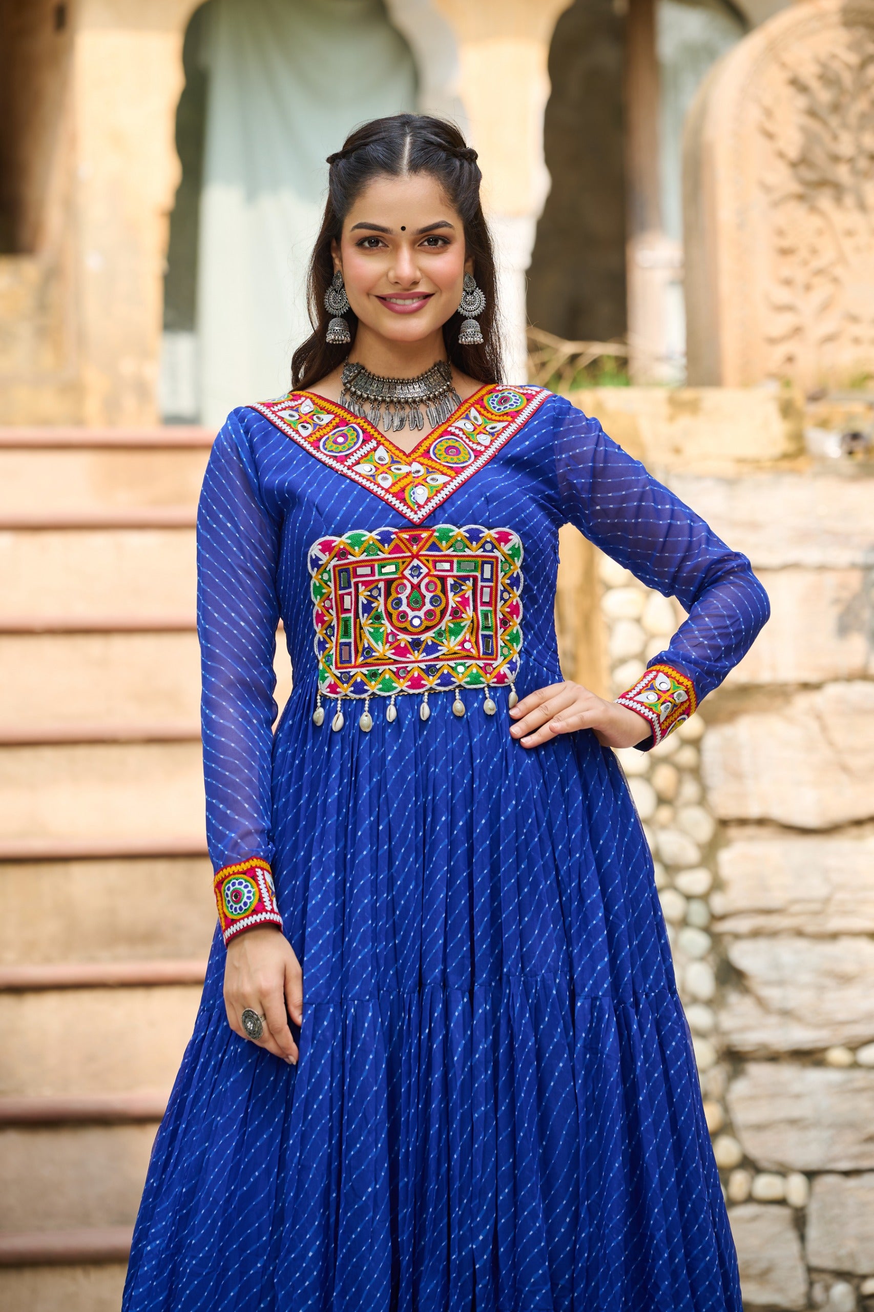 Prazu Fashion Blue Georgette Leheriya Print Work With Kutchi Patchework Navaratri Gown