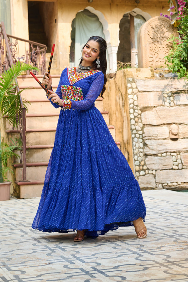 Prazu Fashion Blue Georgette Leheriya Print Work With Kutchi Patchework Navaratri Gown