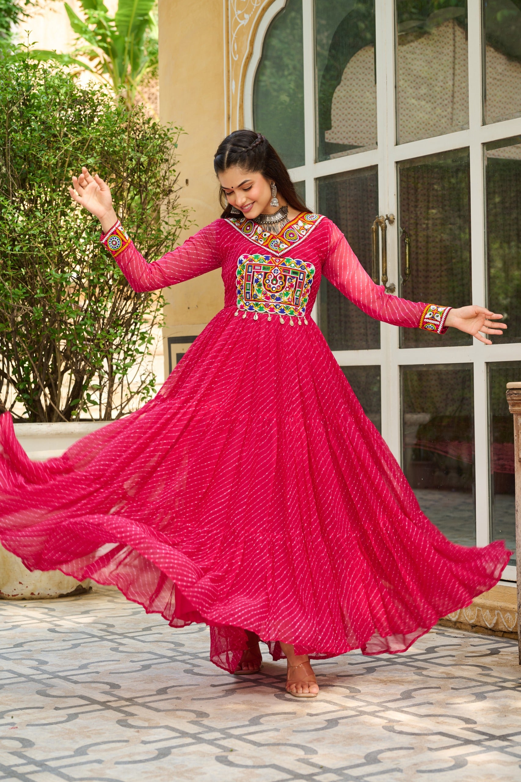 Prazu Fashion Pink Georgette Leheriya Print Work With Kutchi Patchework Navaratri Gown