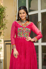 Thumbnail for Prazu Fashion Pink Georgette Leheriya Print Work With Kutchi Patchework Navaratri Gown