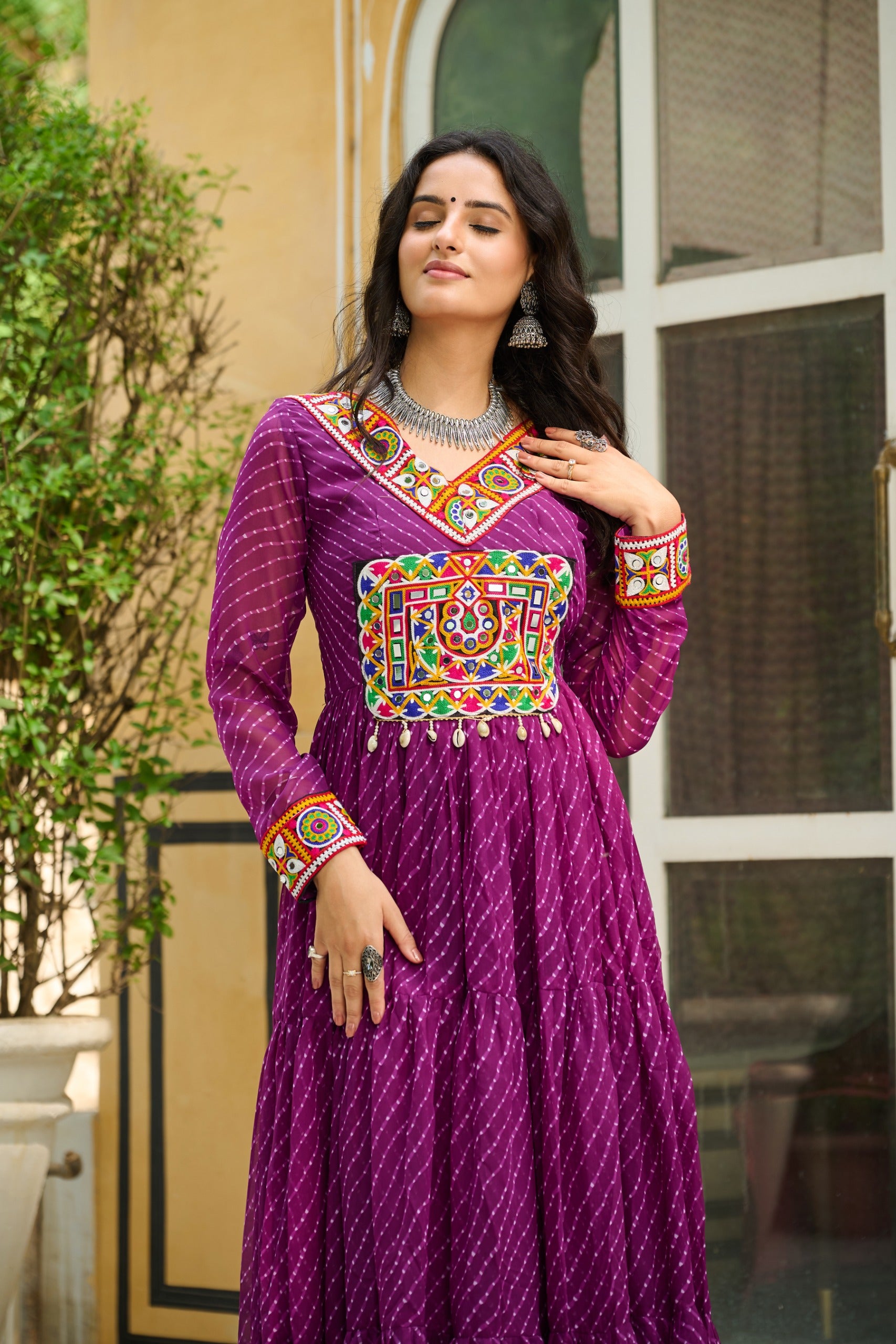 Prazu Fashion Wine Georgette Leheriya Print Work With Kutchi Patchework Navaratri Gown