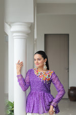 Thumbnail for Prazu Fashion Violet Bandhani Print Work With Kutchi Gamthi Patchework Navaratri Lehenga