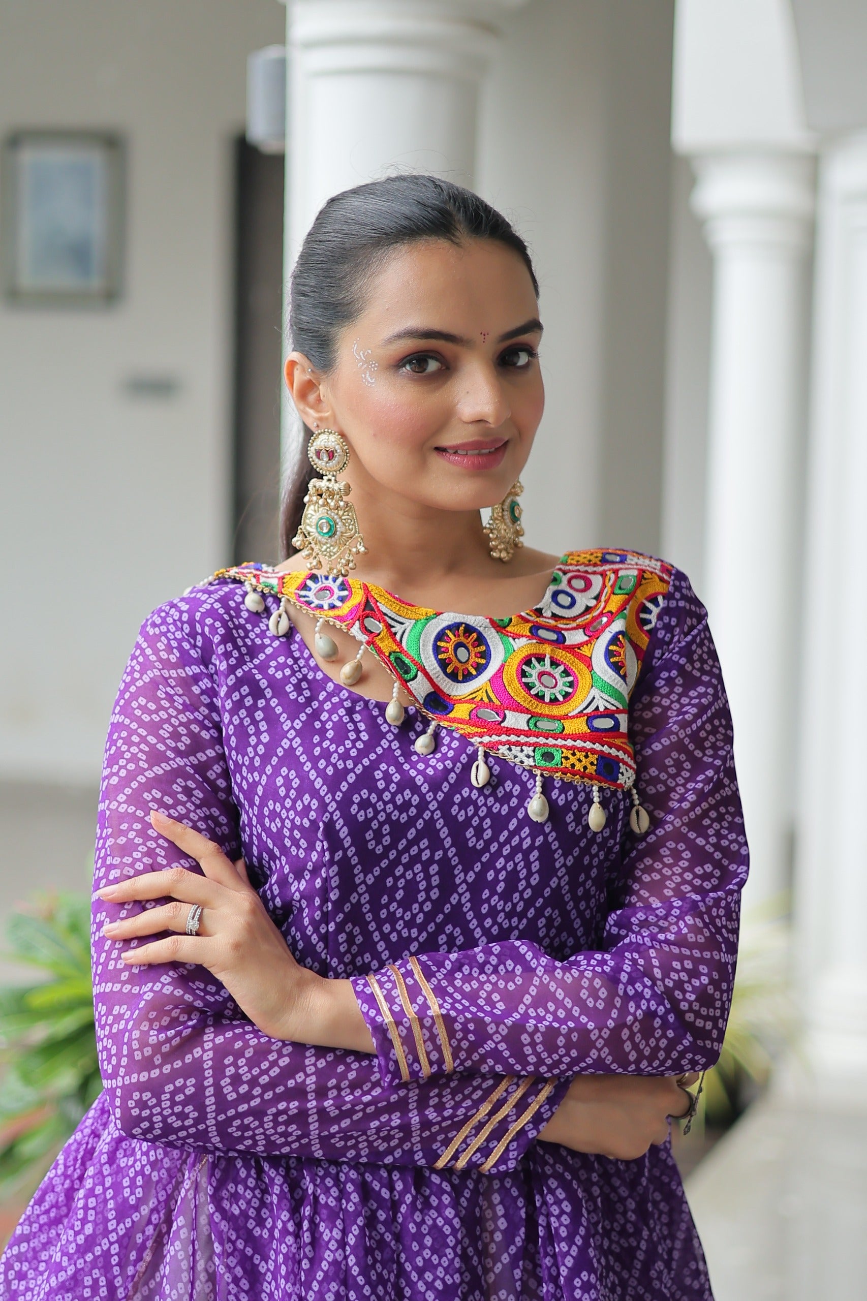 Prazu Fashion Violet Bandhani Print Work With Kutchi Gamthi Patchework Navaratri Lehenga