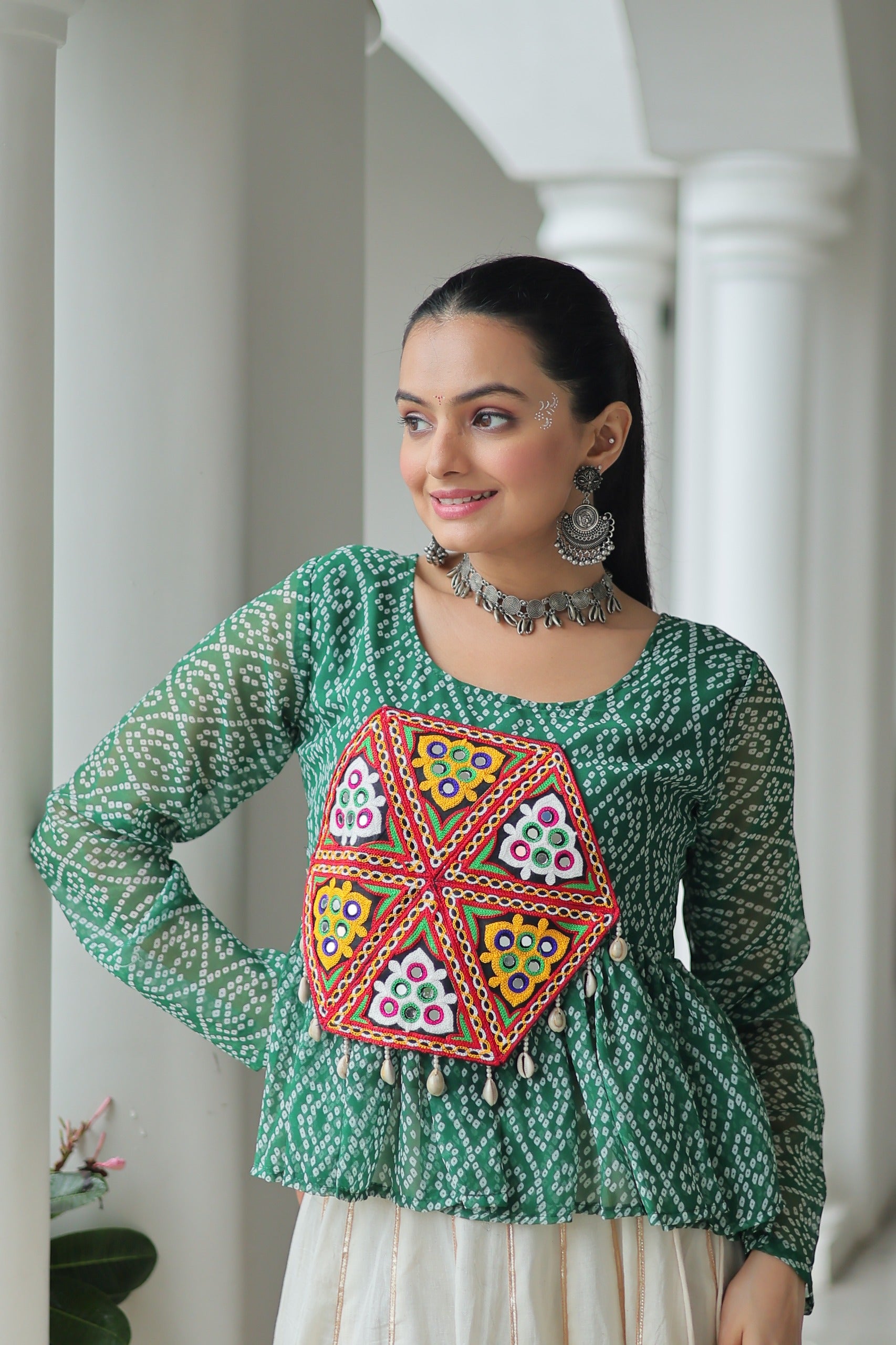 Prazu Fashion Green Georgette Bandhani Print With Kutchi Gamthi Patchwork Navratri Lehenga