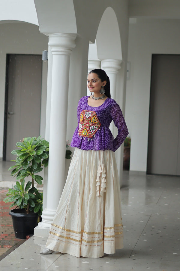 Prazu Fashion Violet Georgette Bandhani Print With Kutchi Gamthi Patchwork Navratri Lehenga