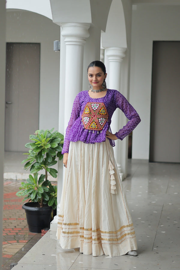 Prazu Fashion Violet Georgette Bandhani Print With Kutchi Gamthi Patchwork Navratri Lehenga