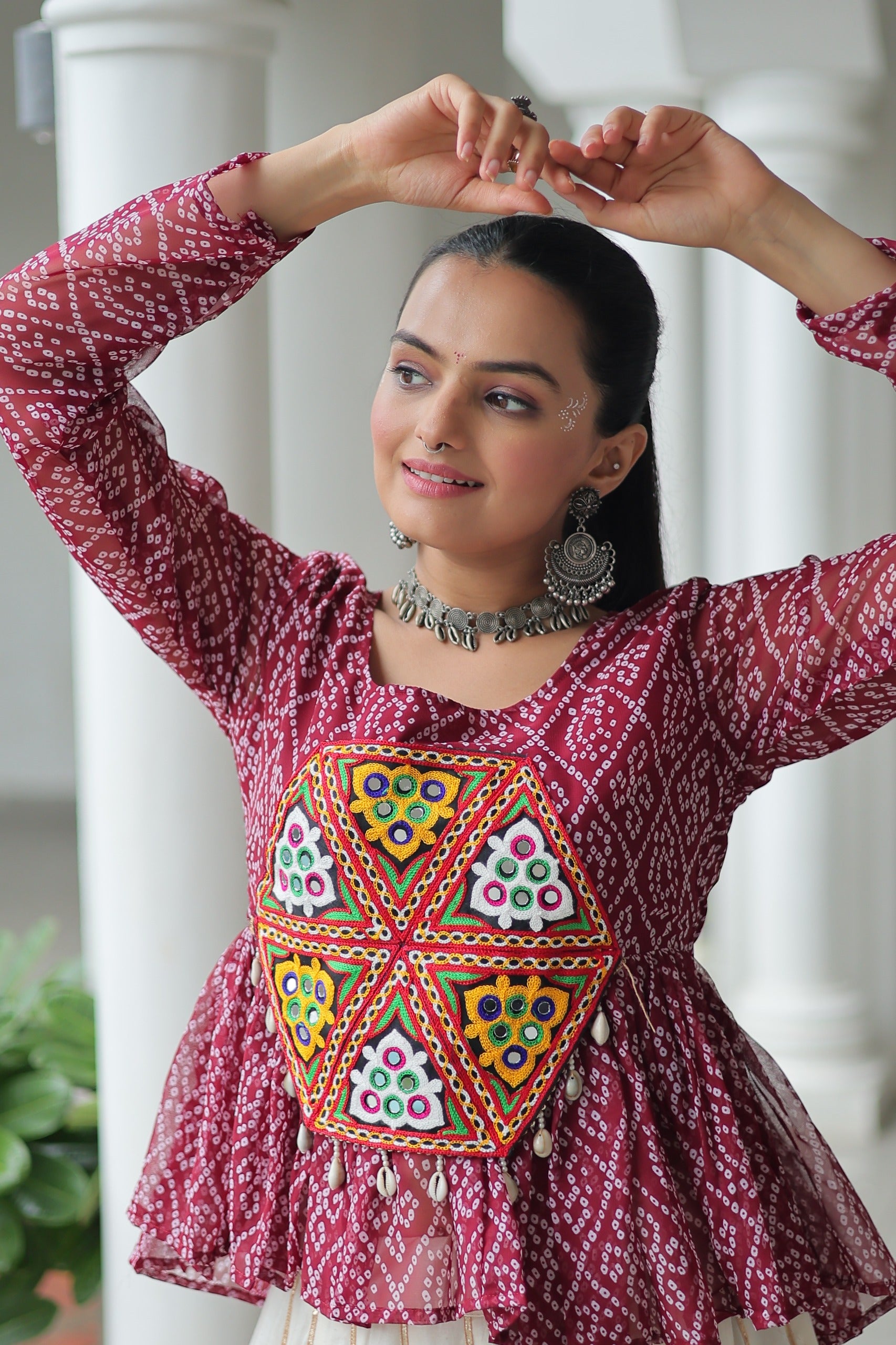 Prazu Fashion Wine Georgette Bandhani Print With Kutchi Gamthi Patchwork Navratri Lehenga