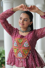 Thumbnail for Prazu Fashion Wine Georgette Bandhani Print With Kutchi Gamthi Patchwork Navratri Lehenga