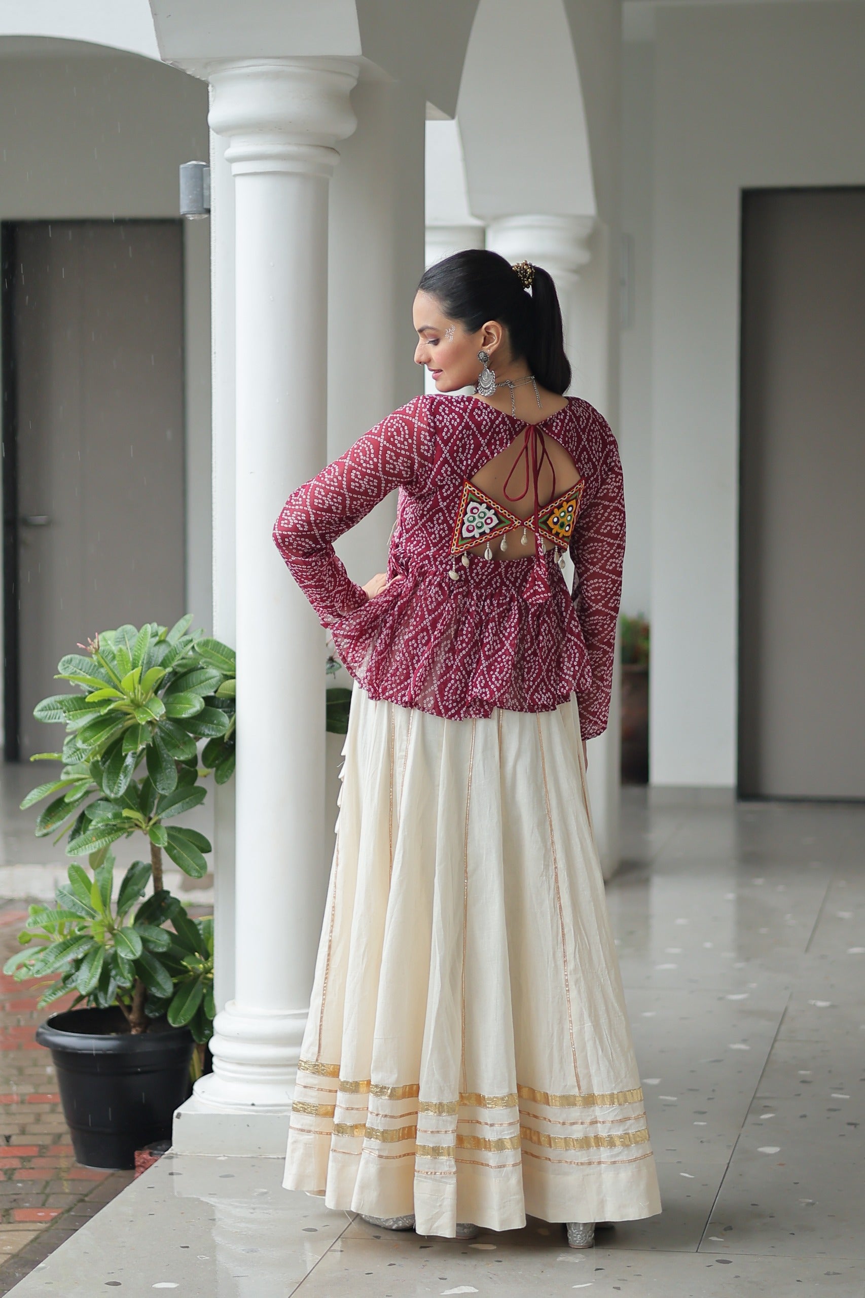 Prazu Fashion Wine Georgette Bandhani Print With Kutchi Gamthi Patchwork Navratri Lehenga