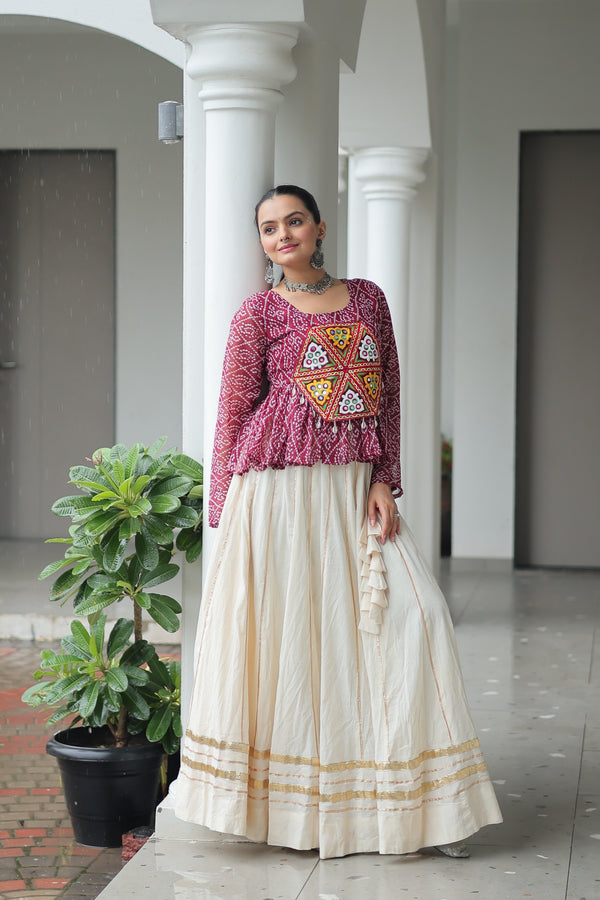 Prazu Fashion Wine Georgette Bandhani Print With Kutchi Gamthi Patchwork Navratri Lehenga