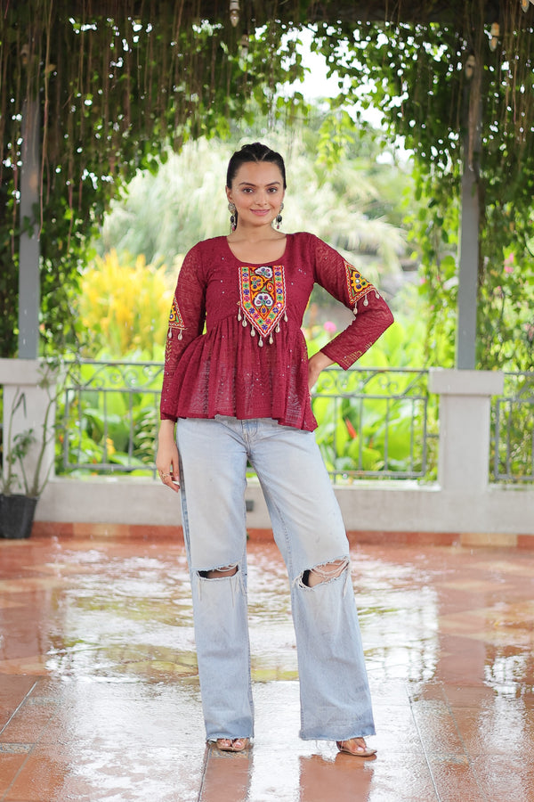 Prazu Fashion Maroon Georgette Schiffli Work Kutchi Gamthi Patch Work Navaratri Top