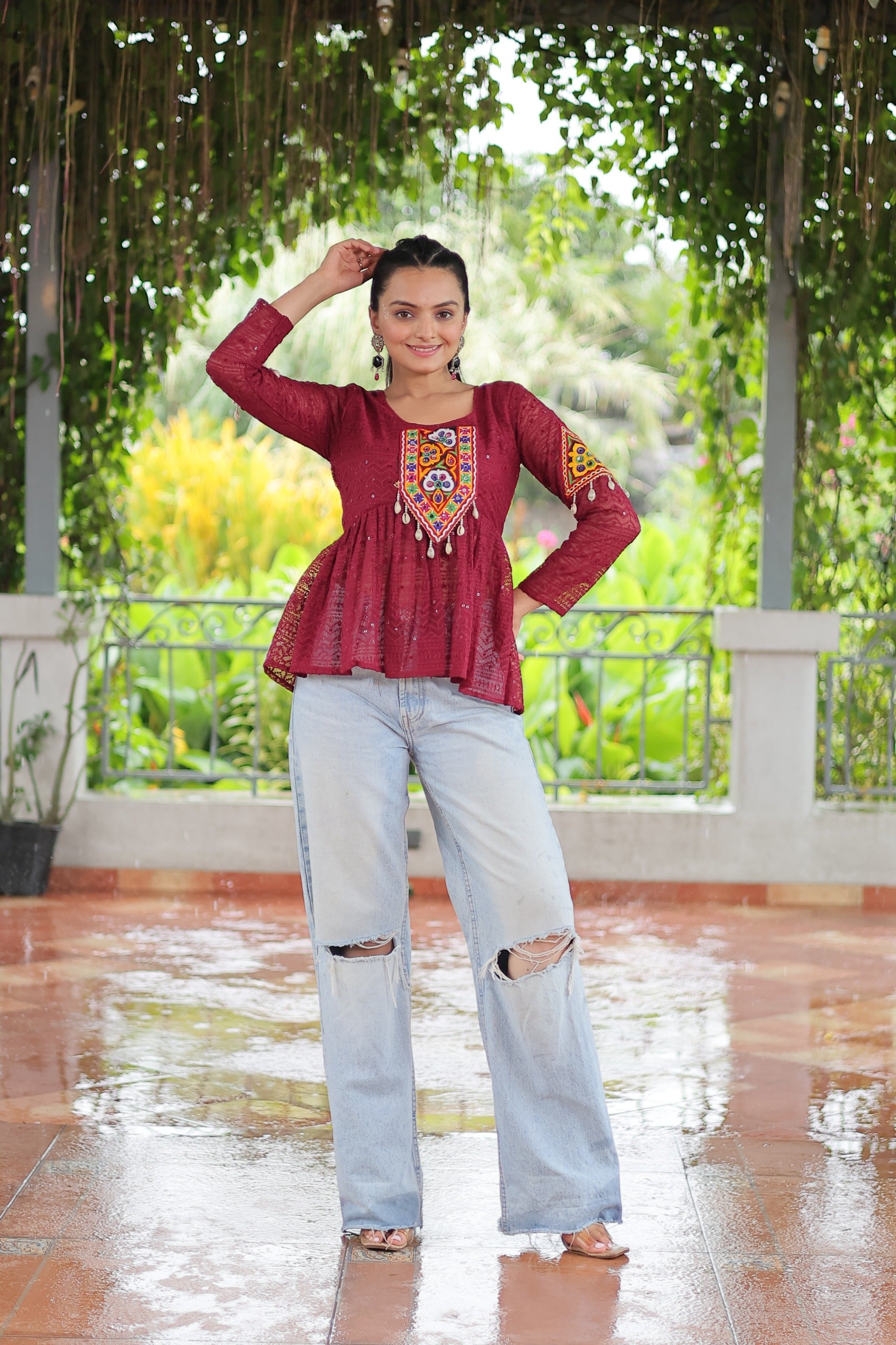 Prazu Fashion Maroon Georgette Schiffli Work Kutchi Gamthi Patch Work Navaratri Top