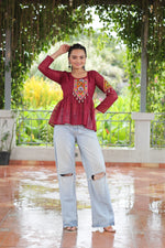 Thumbnail for Prazu Fashion Maroon Georgette Schiffli Work Kutchi Gamthi Patch Work Navaratri Top