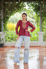 Thumbnail for Prazu Fashion Maroon Georgette Schiffli Work Kutchi Gamthi Patch Work Navaratri Top