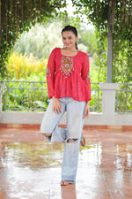 Thumbnail for Prazu Fashion Pink Georgette Schiffli Work Kutchi Gamthi Patch Work Navaratri Top