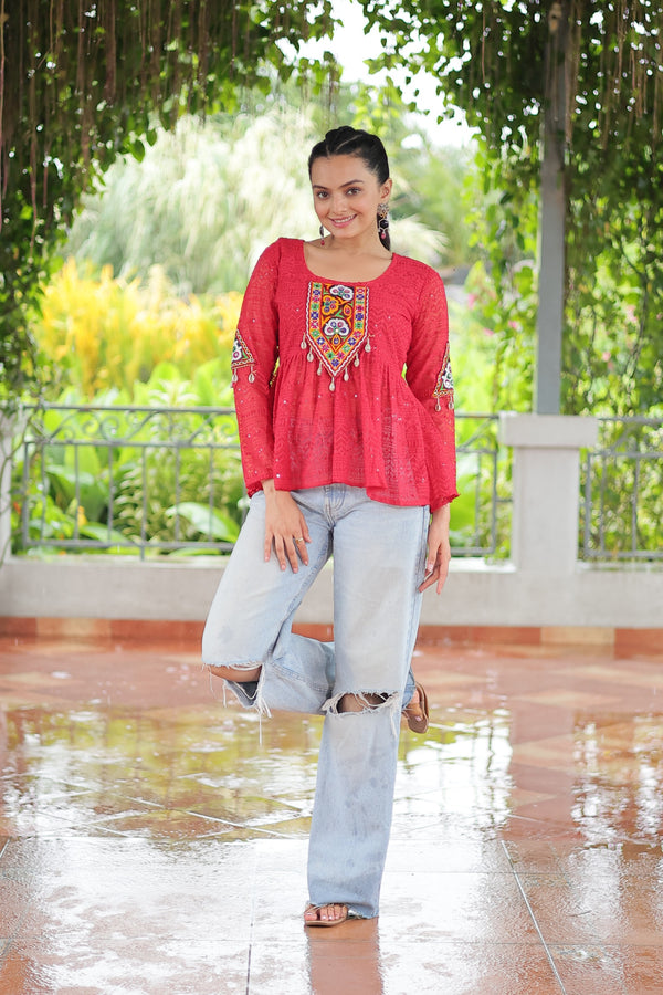 Prazu Fashion Pink Georgette Schiffli Work Kutchi Gamthi Patch Work Navaratri Top