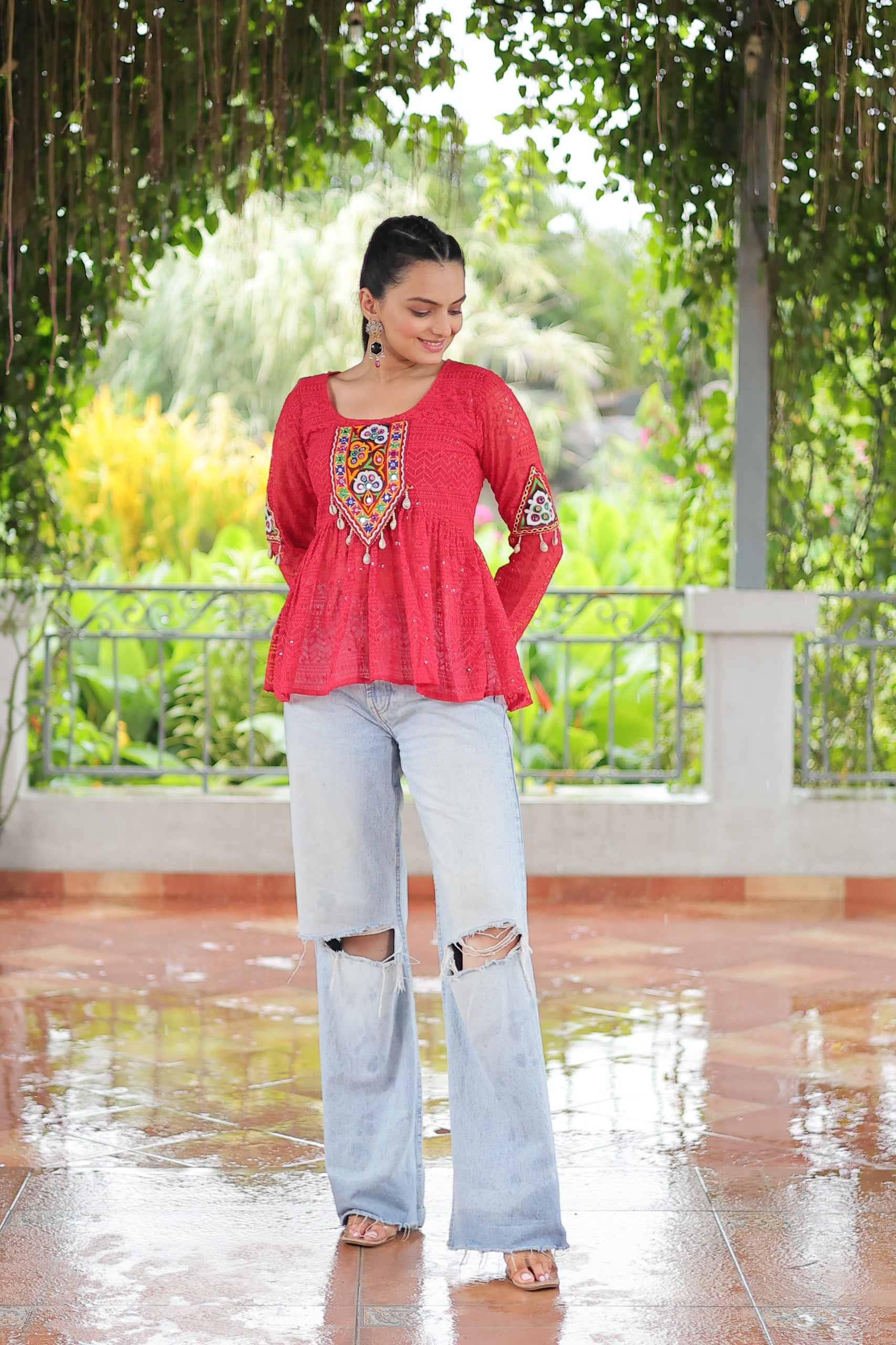 Prazu Fashion Pink Georgette Schiffli Work Kutchi Gamthi Patch Work Navaratri Top