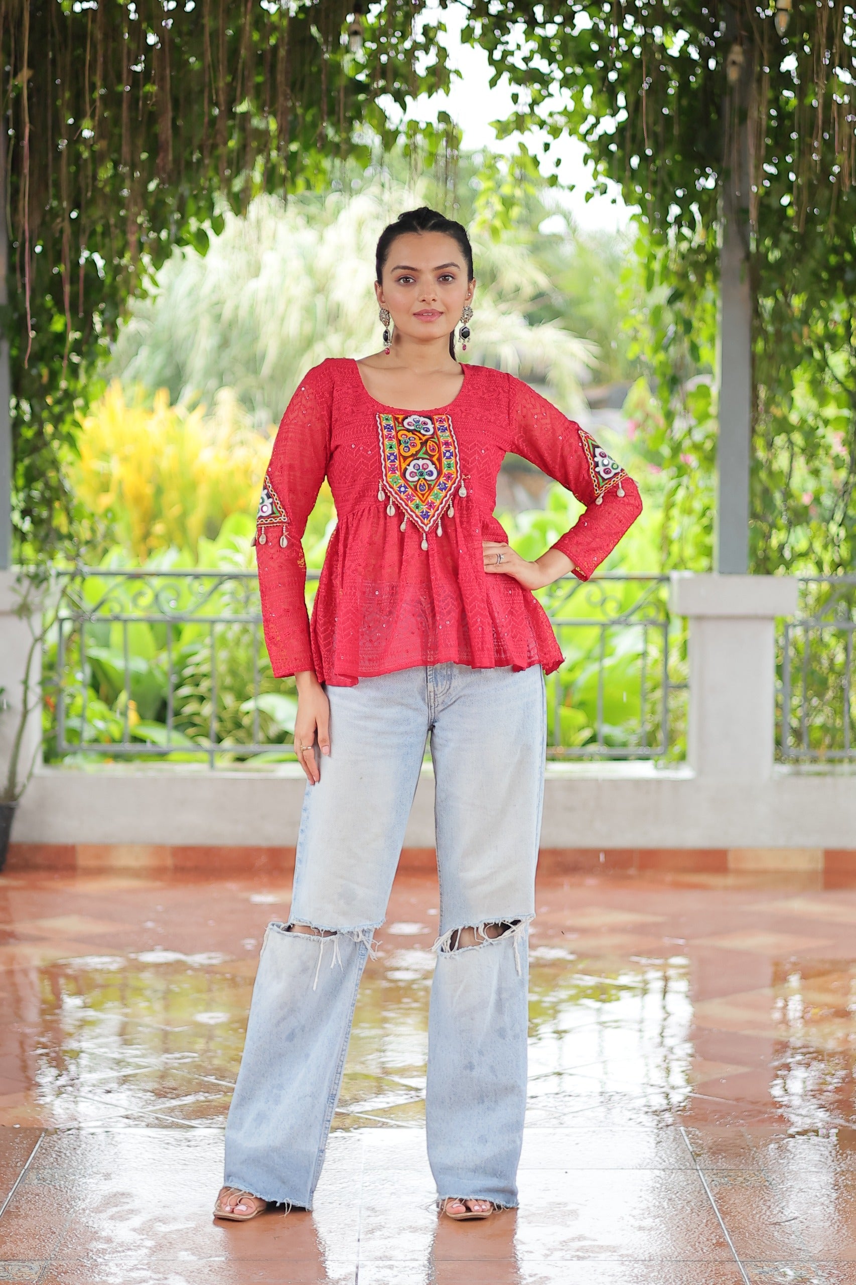 Prazu Fashion Pink Georgette Schiffli Work Kutchi Gamthi Patch Work Navaratri Top