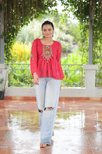 Thumbnail for Prazu Fashion Pink Georgette Schiffli Work Kutchi Gamthi Patch Work Navaratri Top