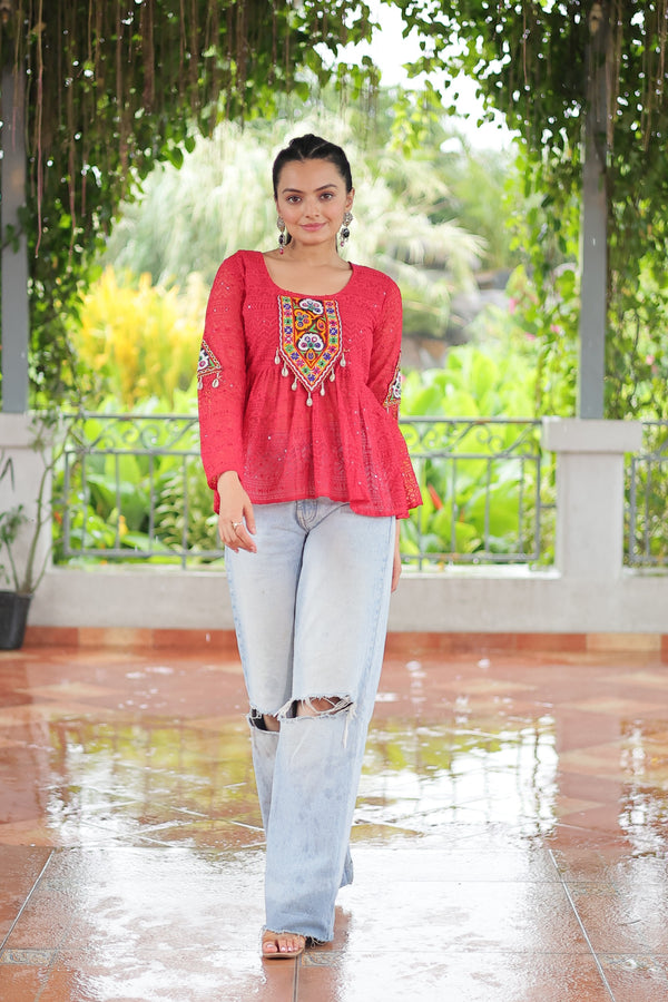 Prazu Fashion Pink Georgette Schiffli Work Kutchi Gamthi Patch Work Navaratri Top