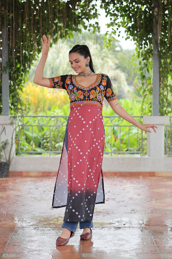Prazu Fashion Pink Rayon Printed With Kutchi Gamthi Work Navaratri Kurti