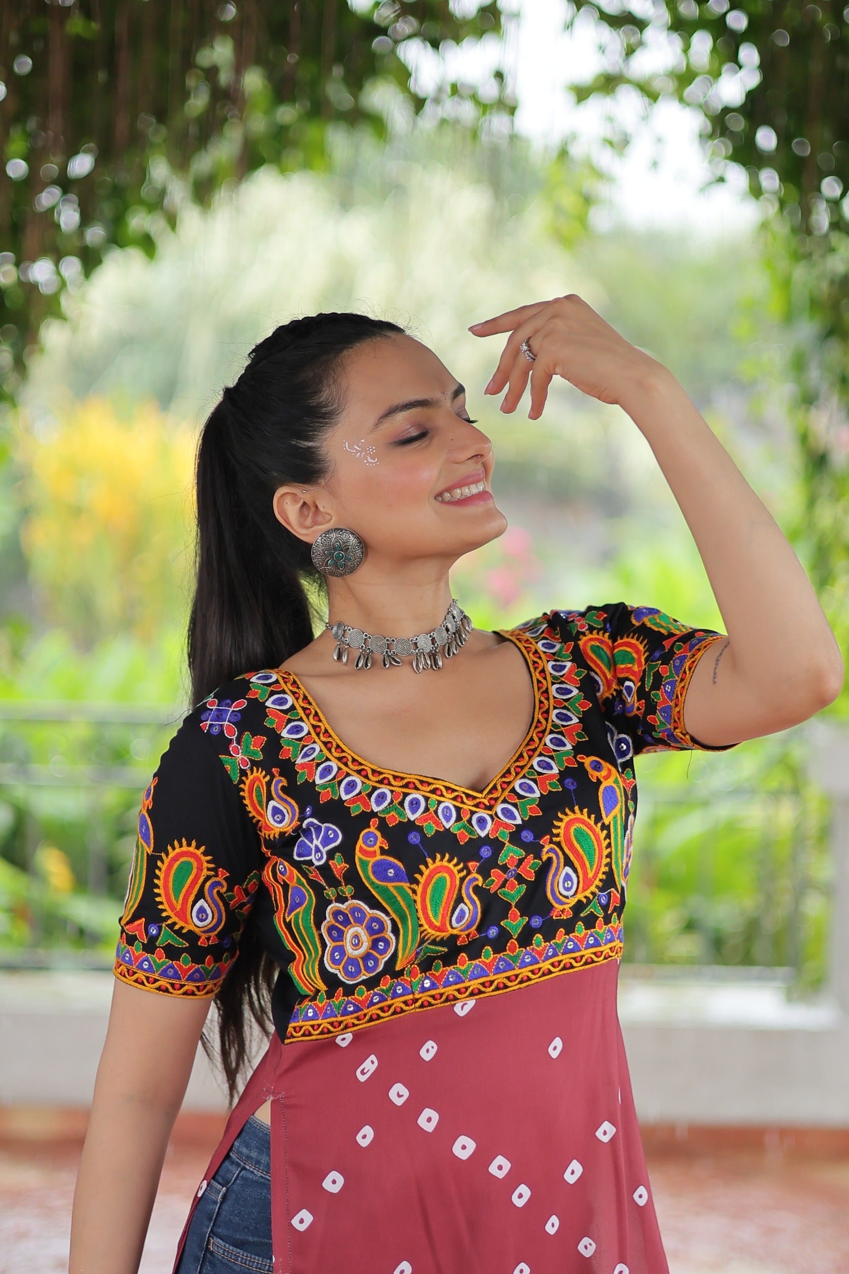 Prazu Fashion Pink Rayon Printed With Kutchi Gamthi Work Navaratri Kurti