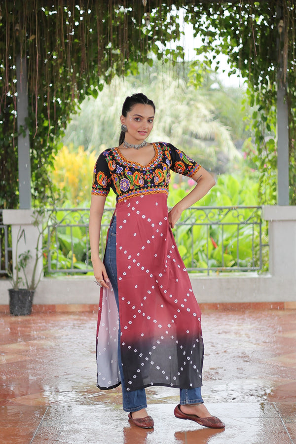 Prazu Fashion Pink Rayon Printed With Kutchi Gamthi Work Navaratri Kurti