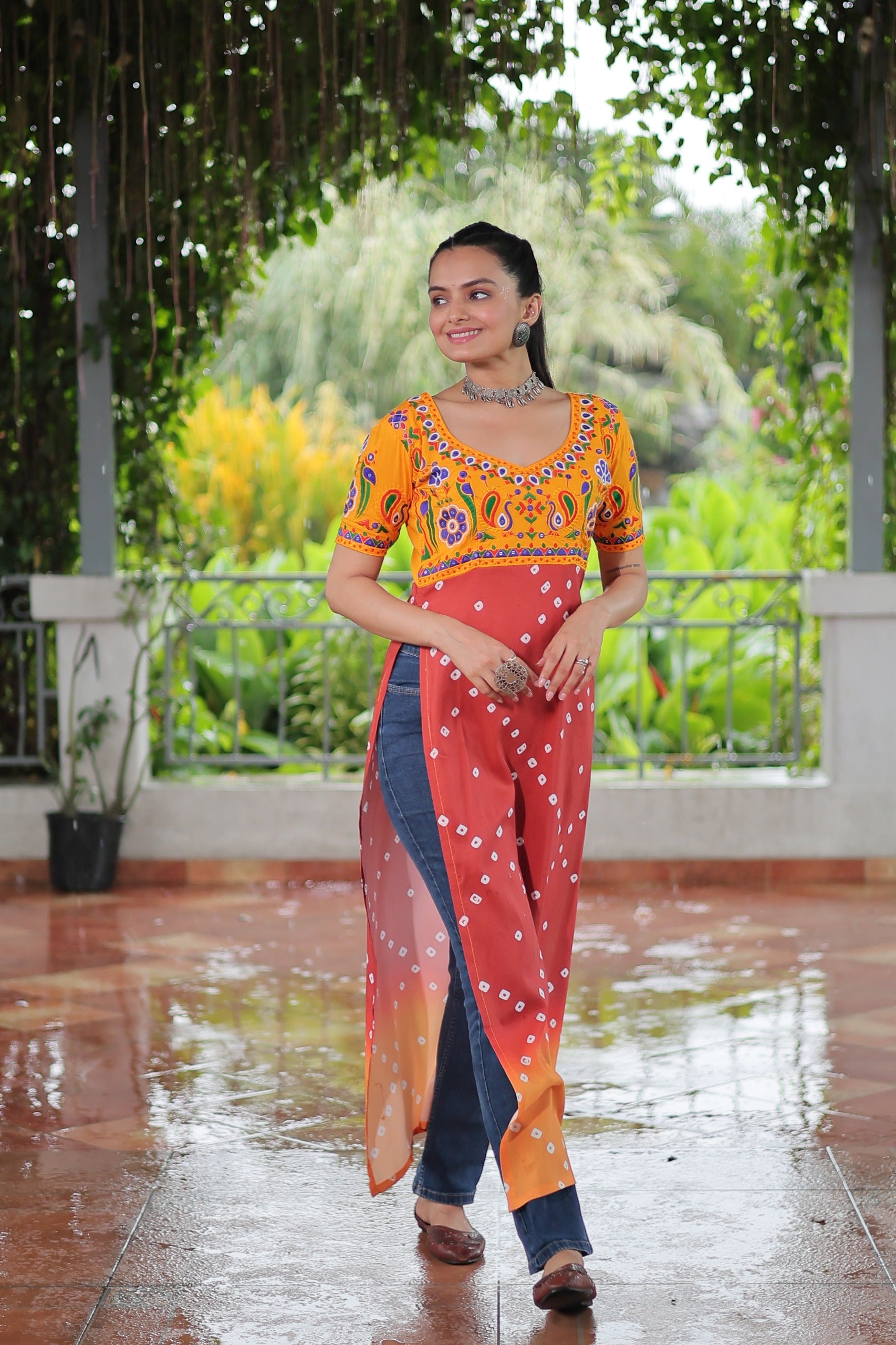 Prazu Fashion Red Rayon Printed With Kutchi Gamthi Work Navaratri Kurti