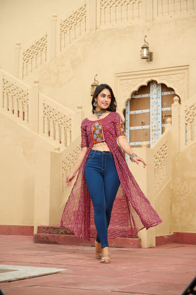 Prazu Fashion Maroon Georgette Bandhani Print With Kutchi Patch work Navaratri Kurti