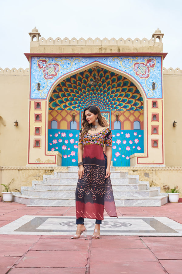 Prazu Fashion Black Rayon Printed With Kutchi Gamthi Work Navaratri Kurti