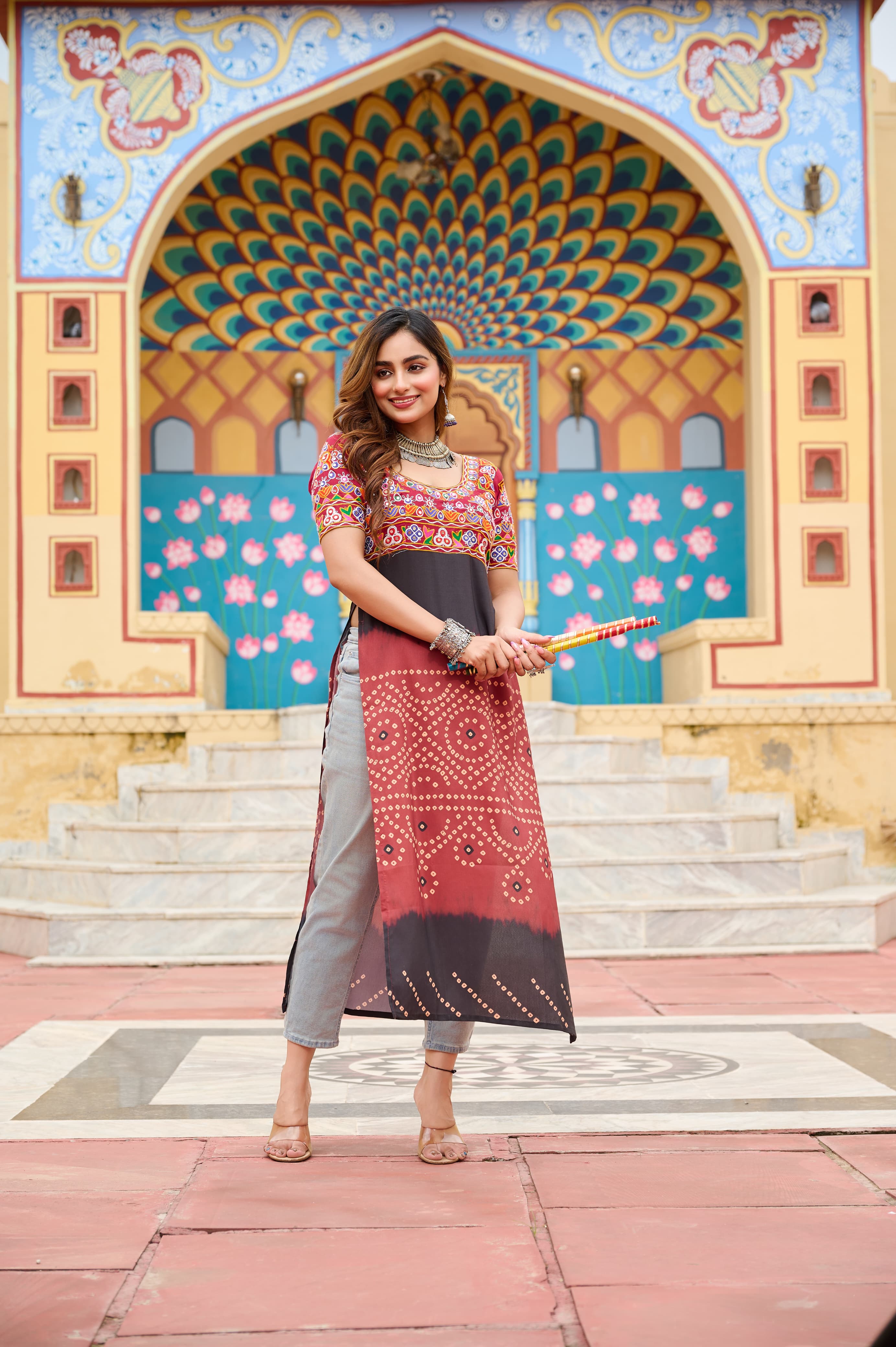 Prazu Fashion Maroon Rayon Printed With Kutchi Gamthi Work Navaratri Kurti