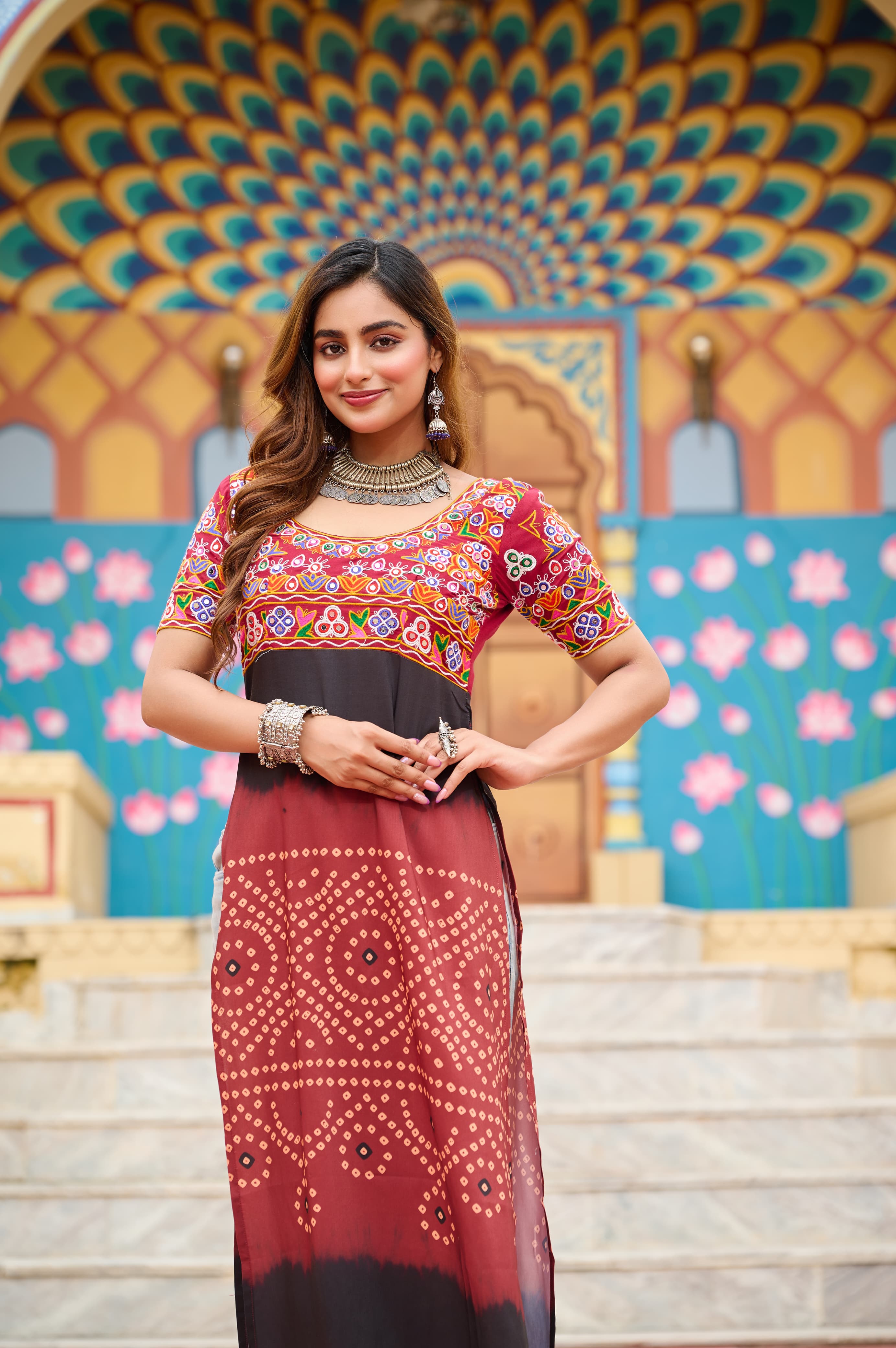 Prazu Fashion Maroon Rayon Printed With Kutchi Gamthi Work Navaratri Kurti