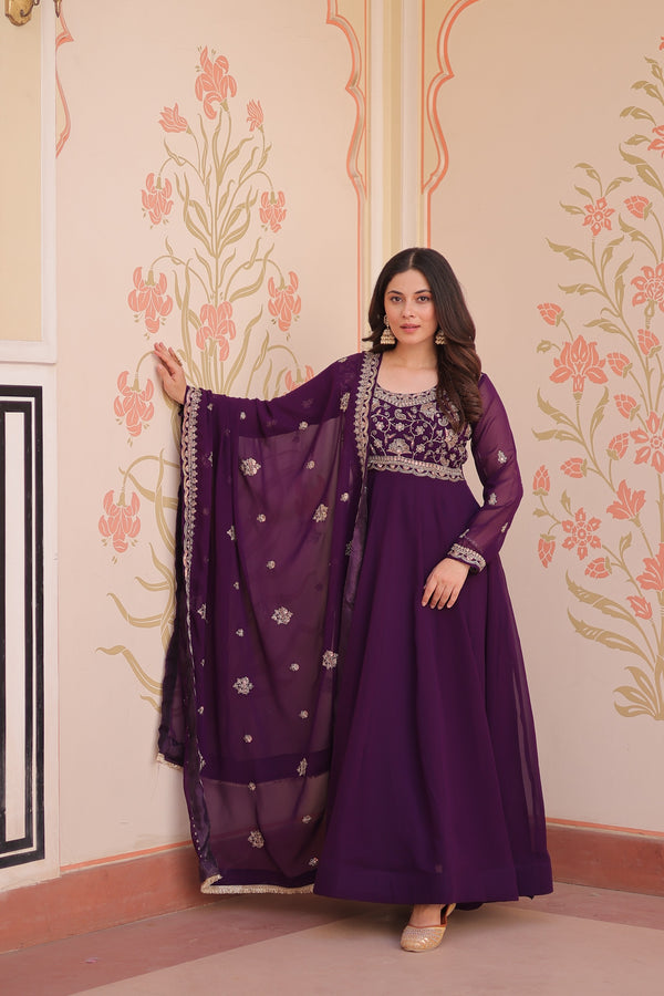 Prazu Fashion Purple Georgette With Beads Embroidery-Work Gown
