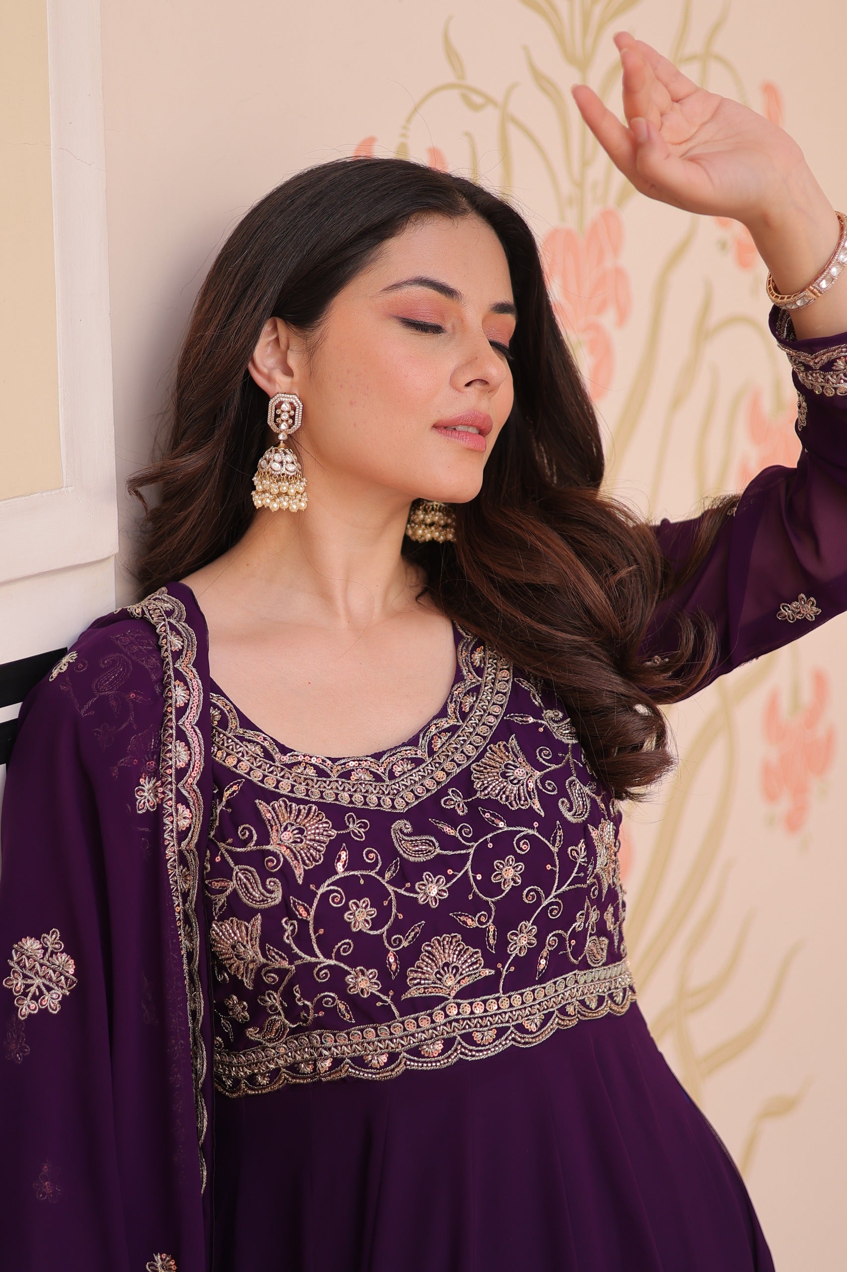 Prazu Fashion Purple Georgette With Beads Embroidery-Work Gown