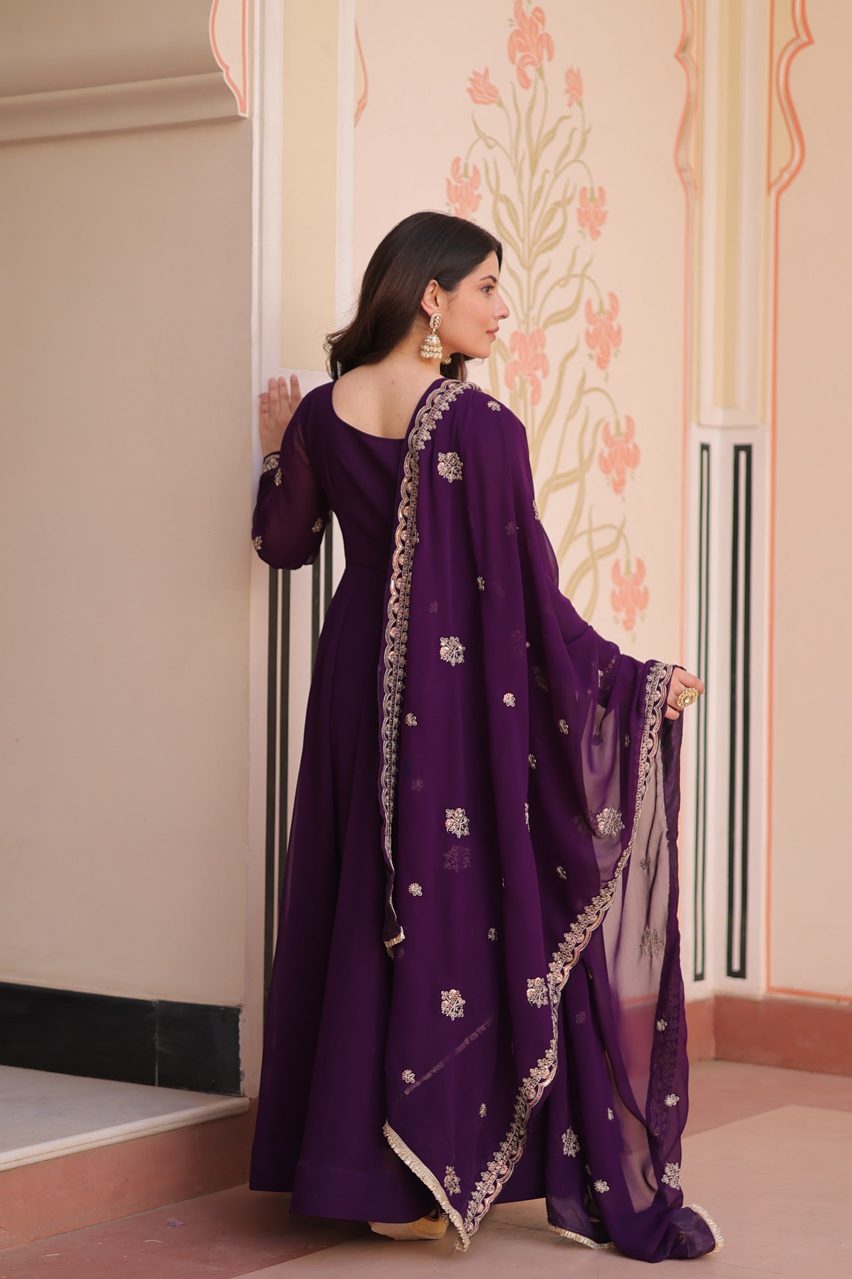 Prazu Fashion Purple Georgette With Beads Embroidery-Work Gown