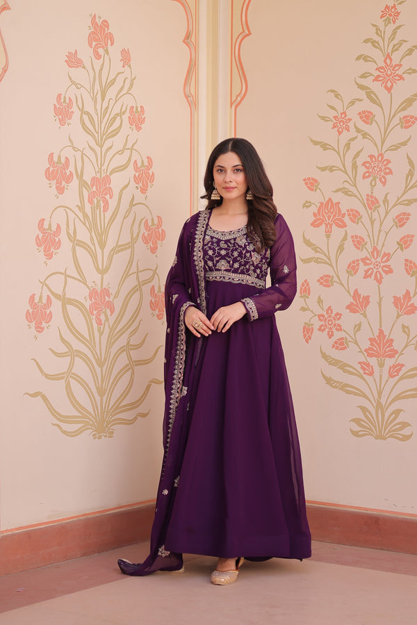 Prazu Fashion Purple Georgette With Beads Embroidery-Work Gown