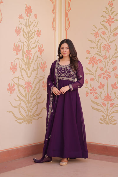 Prazu Fashion Purple Georgette With Beads Embroidery-Work Gown