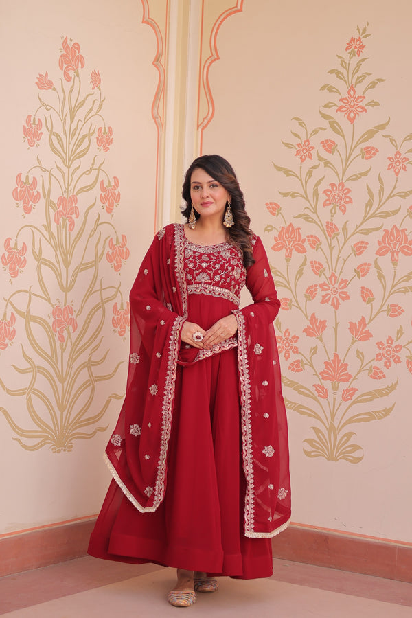 Prazu Fashion Red Georgette With Beads Embroidery-Work Gown