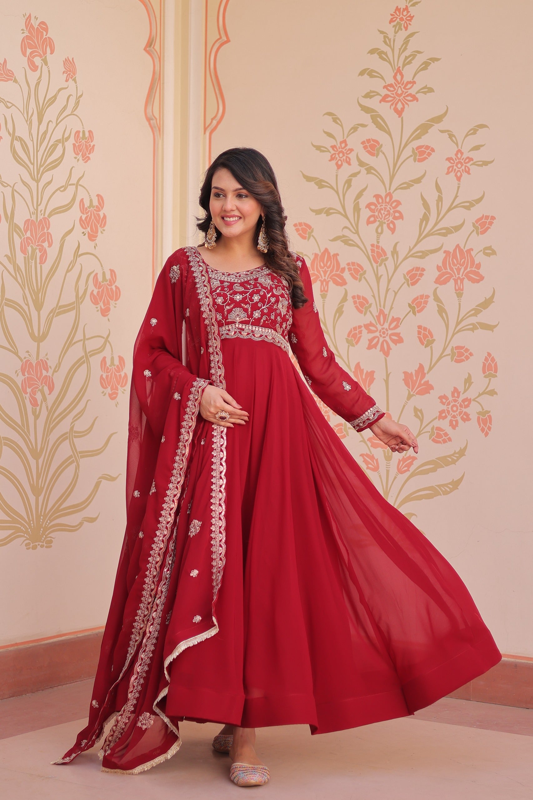 Prazu Fashion Red Georgette With Beads Embroidery-Work Gown