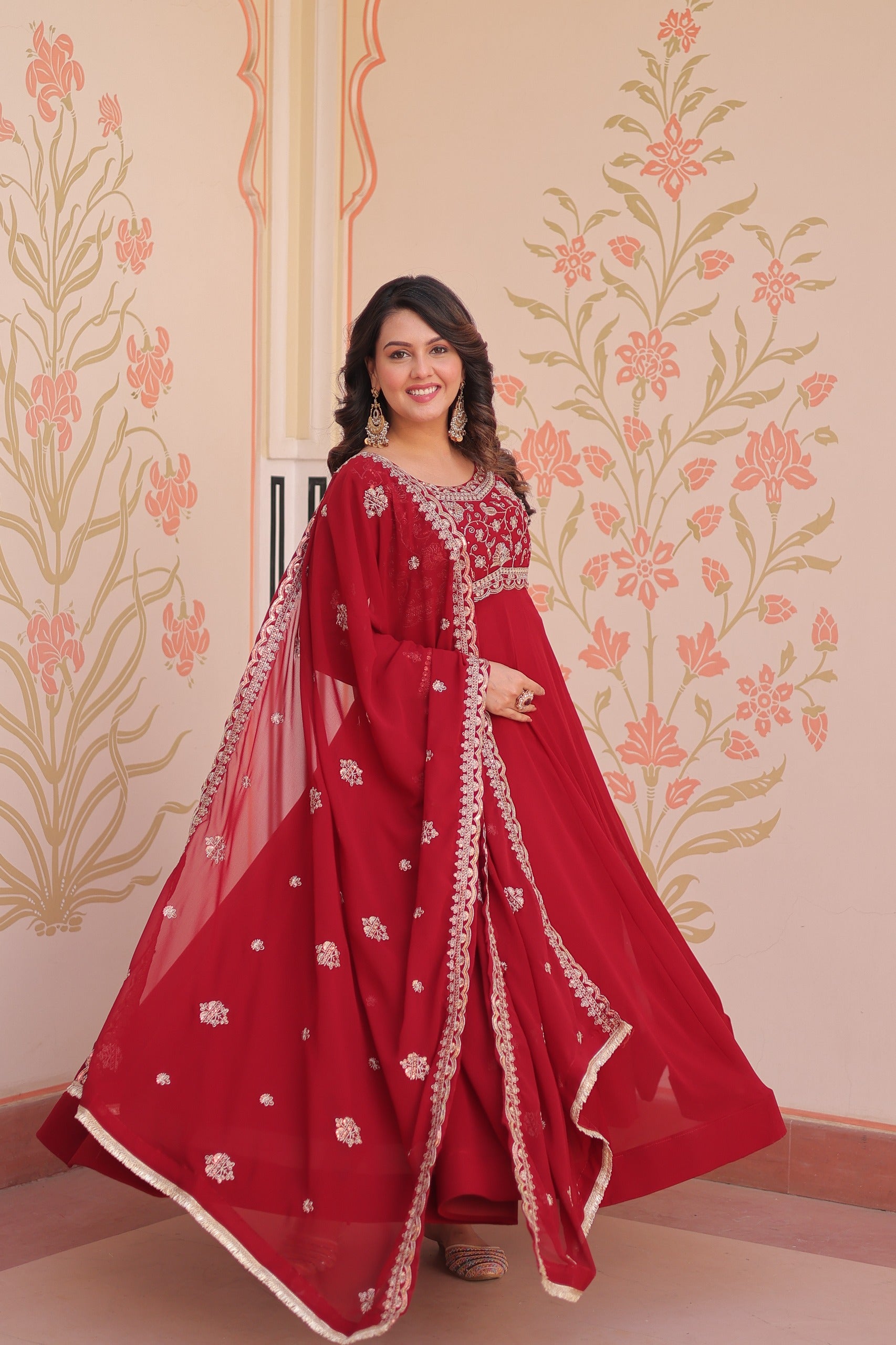 Prazu Fashion Red Georgette With Beads Embroidery-Work Gown