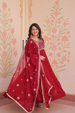 Thumbnail for Prazu Fashion Red Georgette With Beads Embroidery-Work Gown