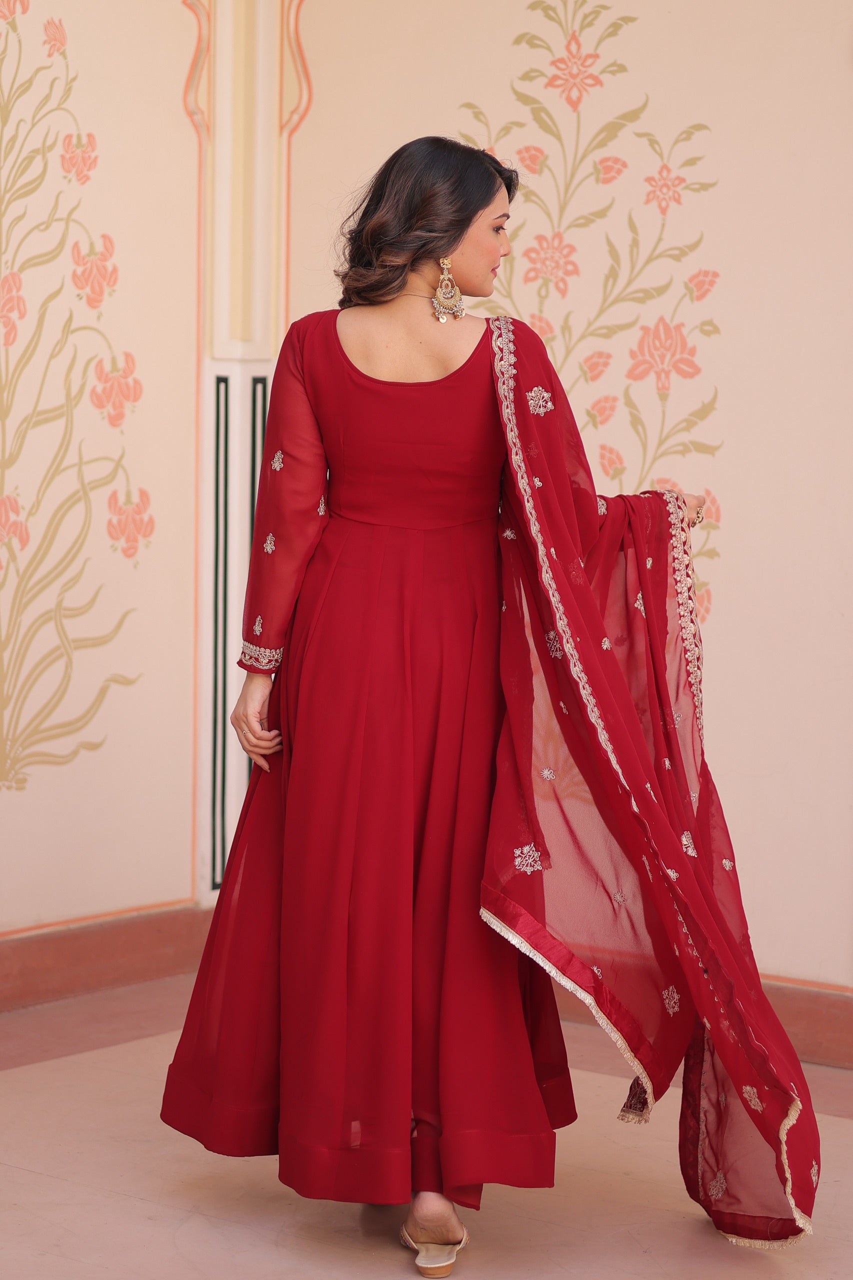 Prazu Fashion Red Georgette With Beads Embroidery-Work Gown
