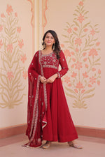 Thumbnail for Prazu Fashion Red Georgette With Beads Embroidery-Work Gown