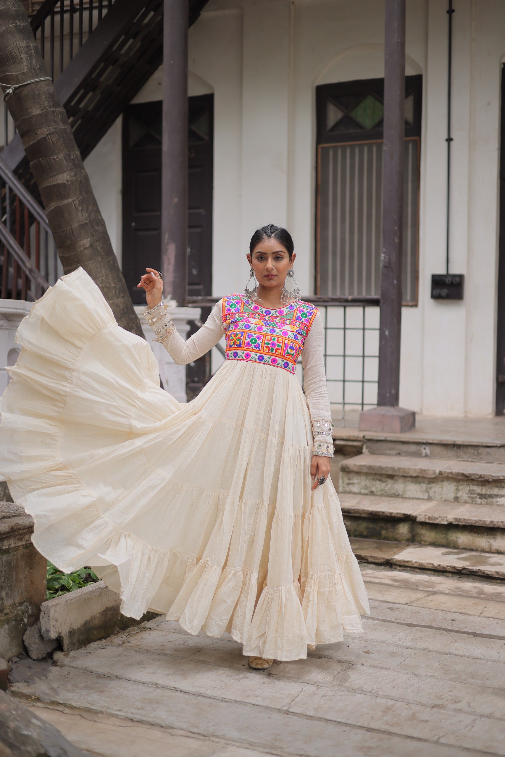 Prazu Fashion Off White Kora Cotton With Multi Thread Embroidered Gamthi Work Navratri Gown