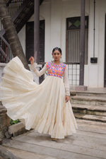 Thumbnail for Prazu Fashion Off White Kora Cotton With Multi Thread Embroidered Gamthi Work Navratri Gown