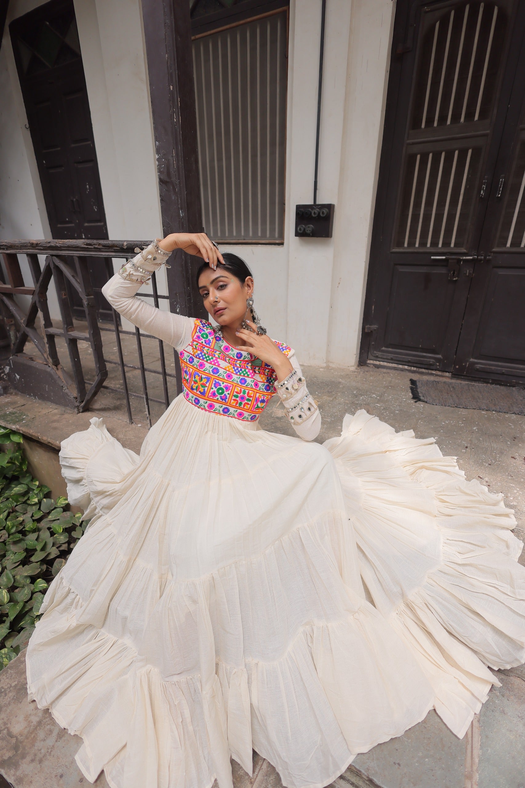 Prazu Fashion Off White Kora Cotton With Multi Thread Embroidered Gamthi Work Navratri Gown