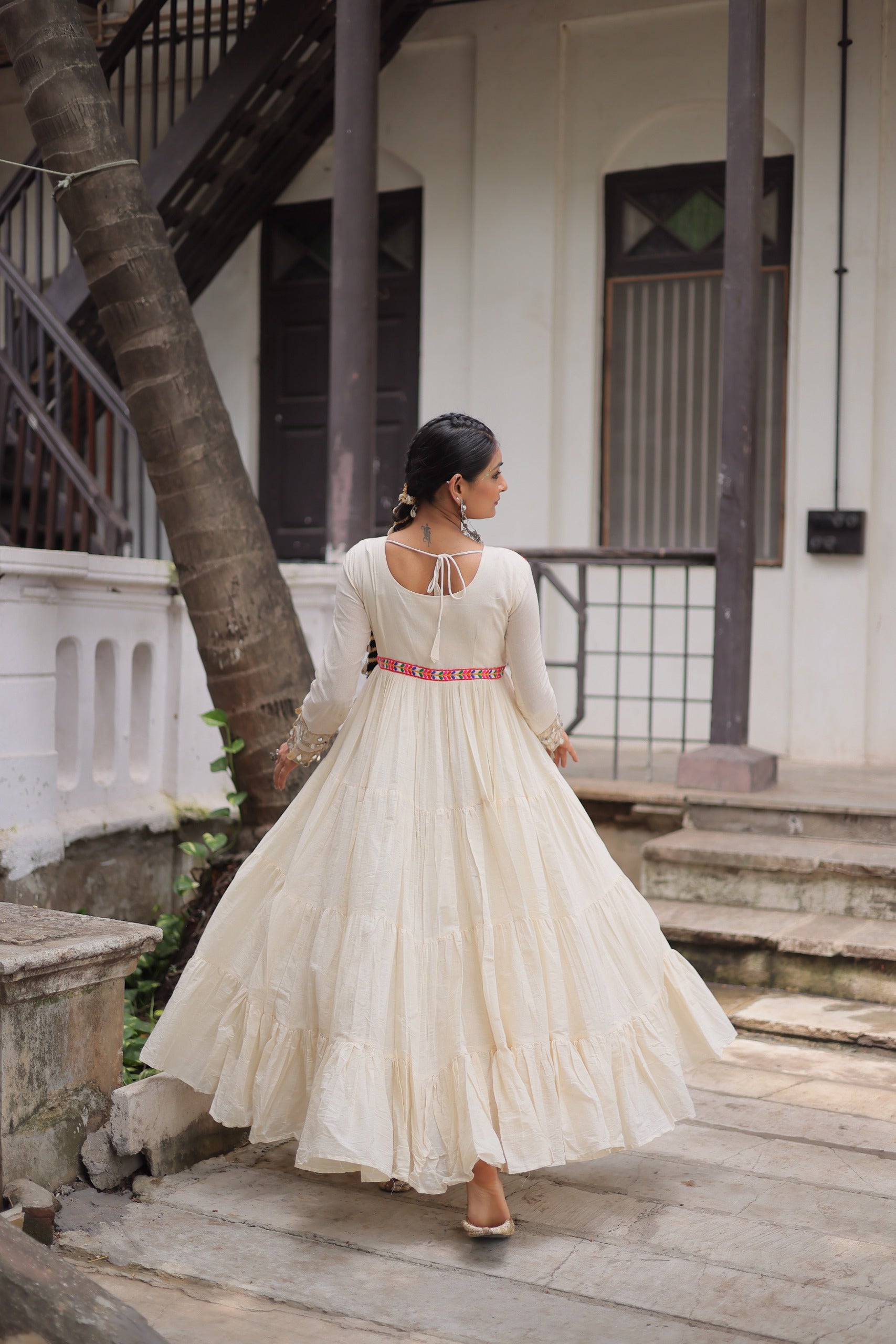 Prazu Fashion Off White Kora Cotton With Multi Thread Embroidered Gamthi Work Navratri Gown