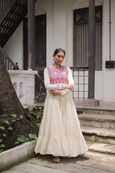 Prazu Fashion Off White Kora Cotton With Multi Thread Embroidered Gamthi Work Navratri Gown