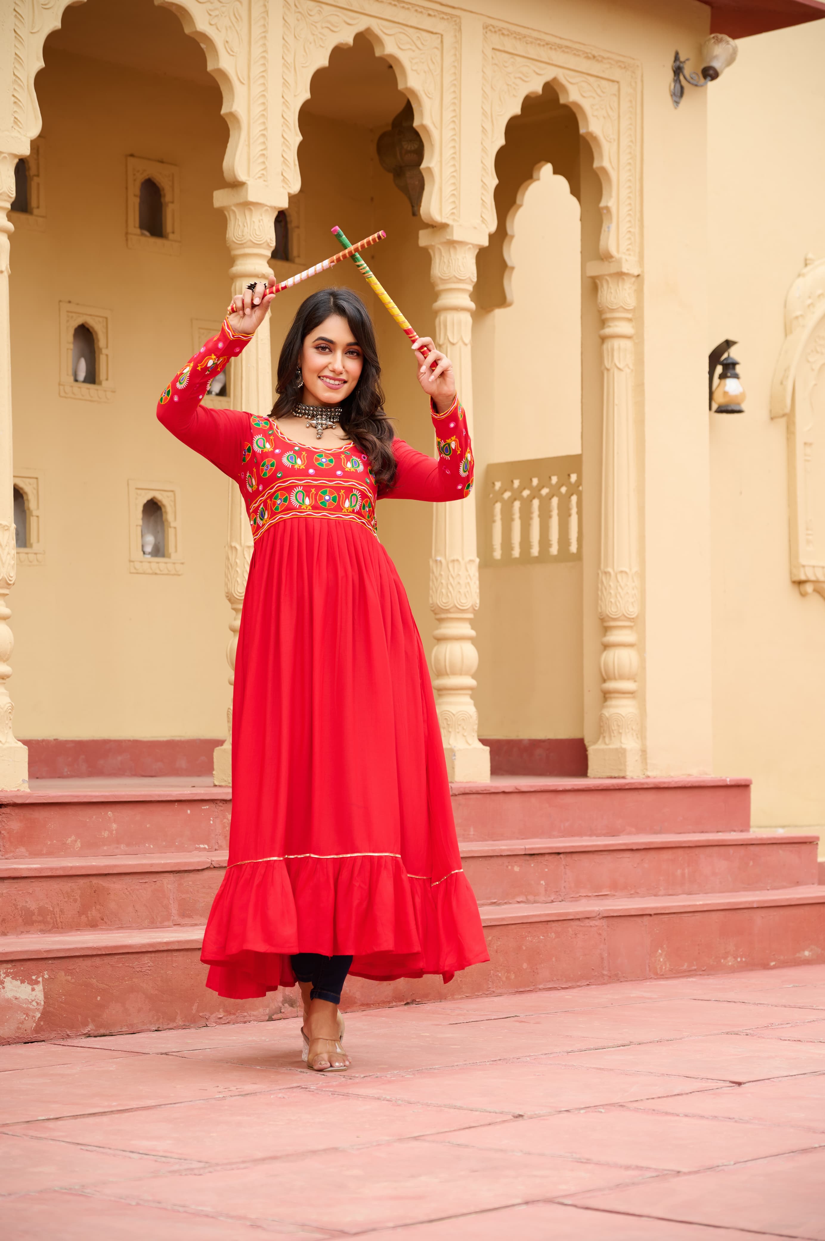 Prazu Fashion Red Rayon With Kutchi Gamthi Work Navratri Kurti